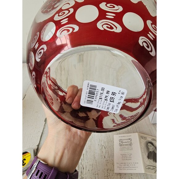 Egermann Red‎ Ruby bowl lazure Bohemian centerpiece deer scene building - Picture 9 of 10